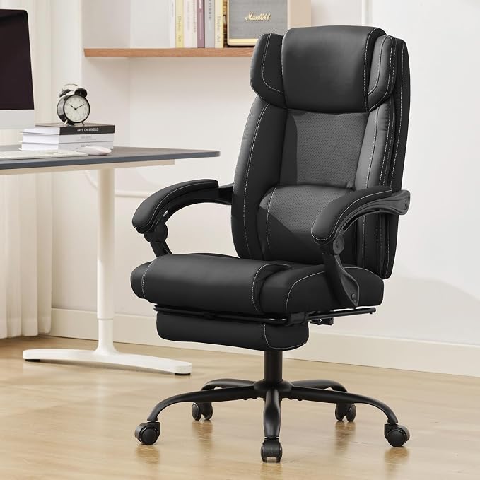 Reclining Office Chair with Footrest,Ergonomic Home Office Desk Computer Chair with Lumbar Support,Thick Executive Leather Chair,90-155° Adjustable (Black)