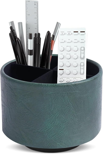 Round Leather Art Supply Organizer,Remote Control Holder,360 Degree Spinning,Multi-Functional Pencil Holder,4 Compartments Desktop Stationary Organizer(1-Crazy Green)