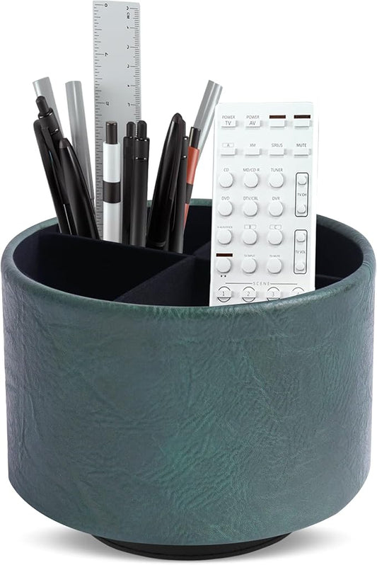 Round Leather Art Supply Organizer,Remote Control Holder,360 Degree Spinning,Multi-Functional Pencil Holder,4 Compartments Desktop Stationary Organizer(1-Crazy Green)