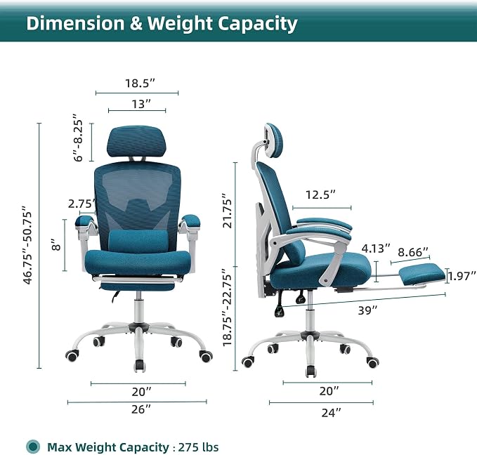 DUMOS Home Office Desk Chair with Footrest, High-Back Mesh Rolling Swivel Reclining Chairs with Wheels, Comfortable Headrest, Lumbar Support, Comfy Arms for Home, Office, Gaming, Student, Elegant Blue