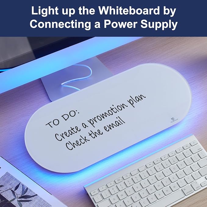 TSJ OFFICE Glass Desktop Whiteboard - 17 X 7 Inches Small Dry Erase Board with Blue Light, Glass White Board Surface Notepad with 1 Drawer, Desk Organizers for Office, Home, School Supplies
