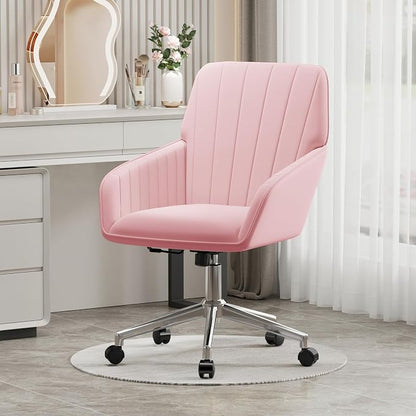 YISHENG Velvet Office Desk Chair with Silver Base, with Wheels,Modern Height Adjustable 360 Degree Swivel Upholstered Vanity Chairs with Arms for Living Room Bedroom,Pink
