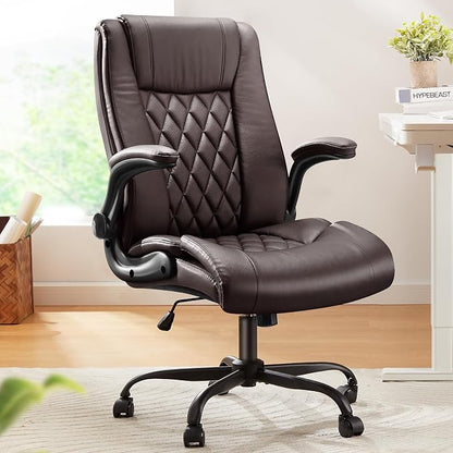 Marsail Executive Office Chair with Flip-up Armrests,PU Leather Ergonomic Desk Chair Height-Adjustable Swivel Rolling Desk Chair