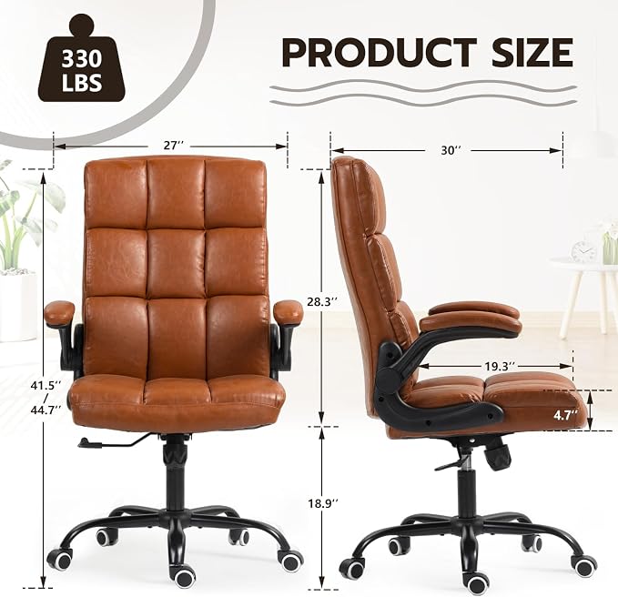 ECOTOUGE Executive Office Chair, PU Leather Ergonomic Comfy Desk Chair, High Back Computer Chair with Adjustable Tilt Angle and Flip-up Arms (Without Footrest Brown)