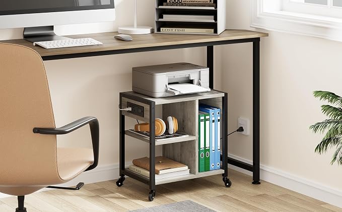 GAOMON Under Desk Printer Stand with Charging Station, Industrial Printer Table with 3 Storage Shelves, Mobile Heavy Duty Printer Cart with Lockable Wheels for Paper Storage, Home Office, Retro Gray