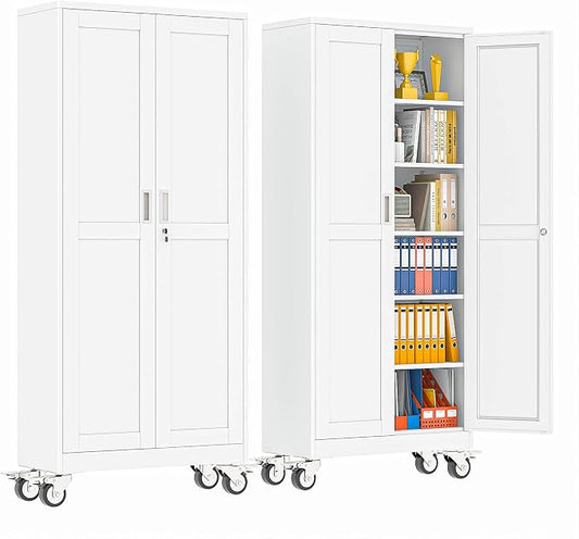 pozdeg 75" Metal Garage Storage Cabinets with Wheels, Lockable Rolling File Cabinets with 2 Doors and 5 Adjustable Shelves, Steel Tool Organizer Locker for Office Home Garage Gym School, White