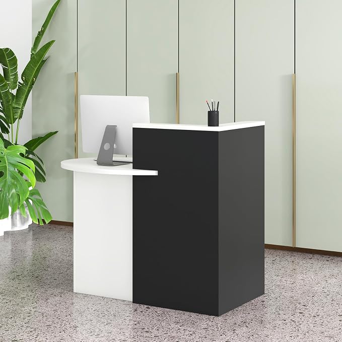 Tangkula Reception Desk, Front Counter Desk with Lockable Drawer & Adjustable Shelf, Oval Desktop, Retail Counter for Checkout, Computer Workstation for Salon Lobby Office, Home Office Desk
