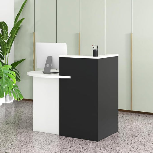 Tangkula Reception Desk, Front Counter Desk with Lockable Drawer & Adjustable Shelf, Oval Desktop, Retail Counter for Checkout, Computer Workstation for Salon Lobby Office, Home Office Desk