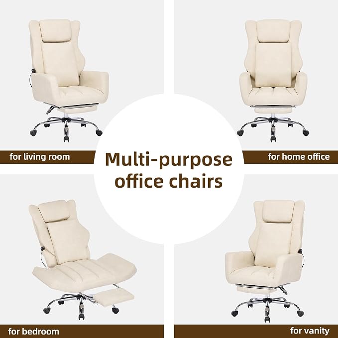 DYHOME Executive Office Chair Cross Legged Sitting with Massage and Footrest Heavy Duty Desk Chair,Swivel Ergonomic Chairs with Lumbar Support Wheels Flip-up Arms Height,Leather Beige