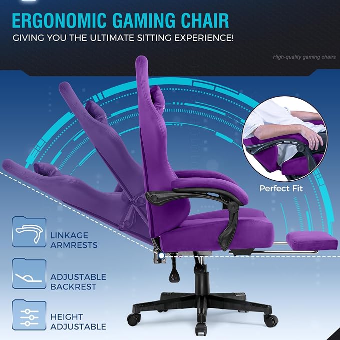 GTPLAYER Big and Tall Gaming Chair 400lbs Heavy Duty Office Chair with Foot Rest,High Back Pocket Spring Ergonomic Computer Chair for Adults,Wide Comfy Seated Cushion with Linkage Armrests,Dark Purple