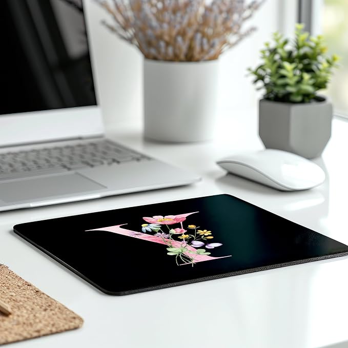 Mouse Pad Pinks Flowers Initial Letters Mousepad Desktop Laptop Computer Accessories Home Office Gaming Work Desk Computer Non-Slip Rubber Monogram Floral Alphabet A-Z mousepad (Y)