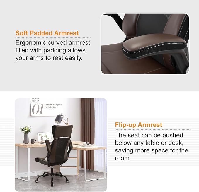 ZLHECTO® Executive Office Chair, Ergonomic Leather Desk Chair, Widened Adjustable Headrest with Flip-Up Arms, High Back Computer Swivel Task Chair with Lumbar Support, Brown