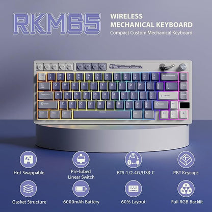 RK ROYAL KLUDGE M65 Wireless Mechanical Keyboard with Volume Knob, 60% Tri-Mode Gaming Keyboard 2.4G/BT/USB-C, Gasket Mount, Battery Display, PBT Keycaps, Hot-Swappable Beige Switch, Blue