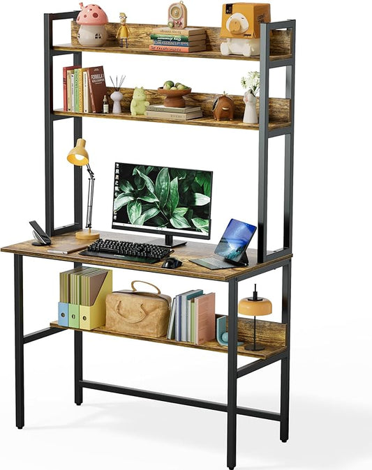 Aquzee Computer Desk with Hutch, 40“W x 19.6" D Desk with Shelves, Tall Home Office Desk with Bookshelf, Metal Legs Study Table with Upper Storage Shelf for Study Writing/Workstation, Brown