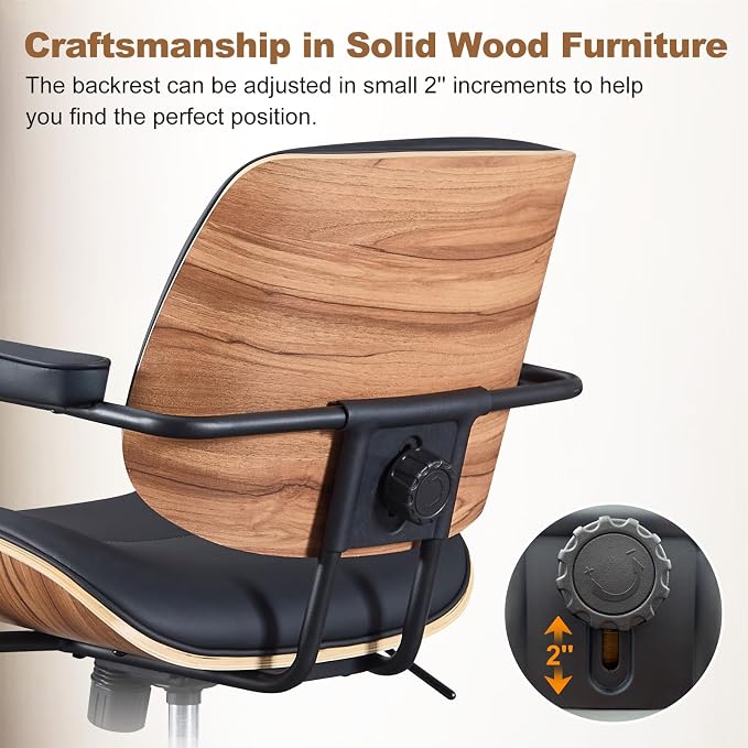 Mid Century Modern Office Chair with Adjustable Backrest, Wooden Desk Chair with Armrests, Swivel Height Adjustable Home Office Chair, Comfortable Task Chair for Home Office, Black
