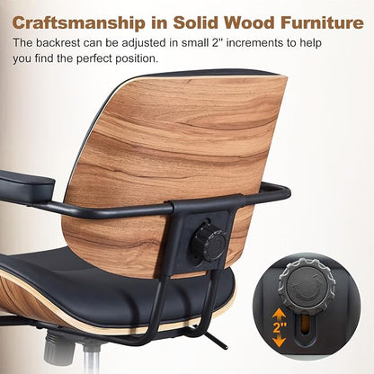 Mid Century Modern Office Chair with Adjustable Backrest, Wooden Desk Chair with Armrests, Swivel Height Adjustable Home Office Chair, Comfortable Task Chair for Home Office, Black