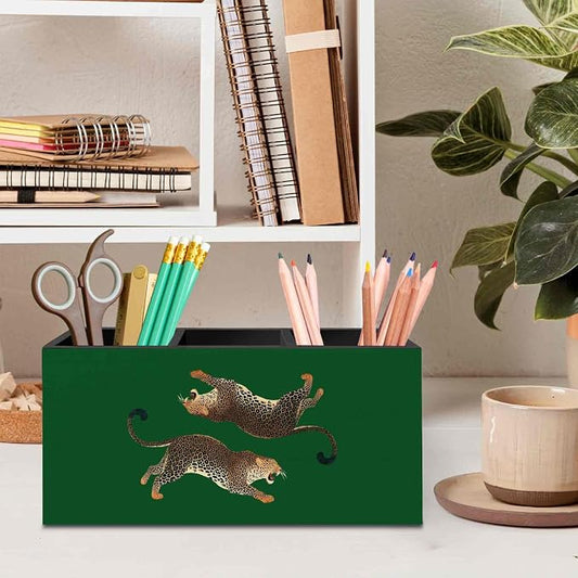 DILSJ Trendy Vintage Leopard Pen Pencil Holder Organizer for Desk, Cheetah Room Decor, Green Cheetah Print Desk Wooden Box Signs for Women Bedroom Tabletop Decoration Office & School Supplies