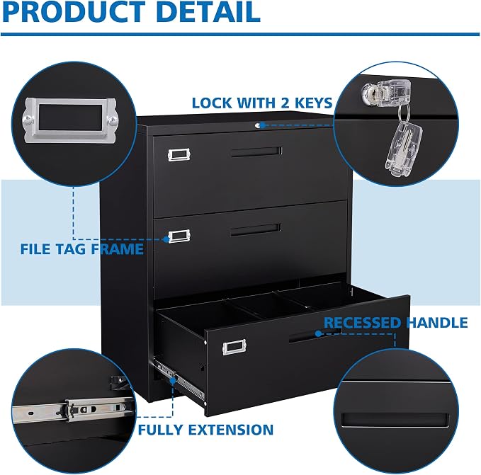 BYNSOE Lateral File Cabinet with Lock,Metal Filing Cabinet with 3 Drawer,Steel Lateral File Cabinet for Legal/Letter A4 Size,Wide File Cabinet for Office Home,Assembly Required