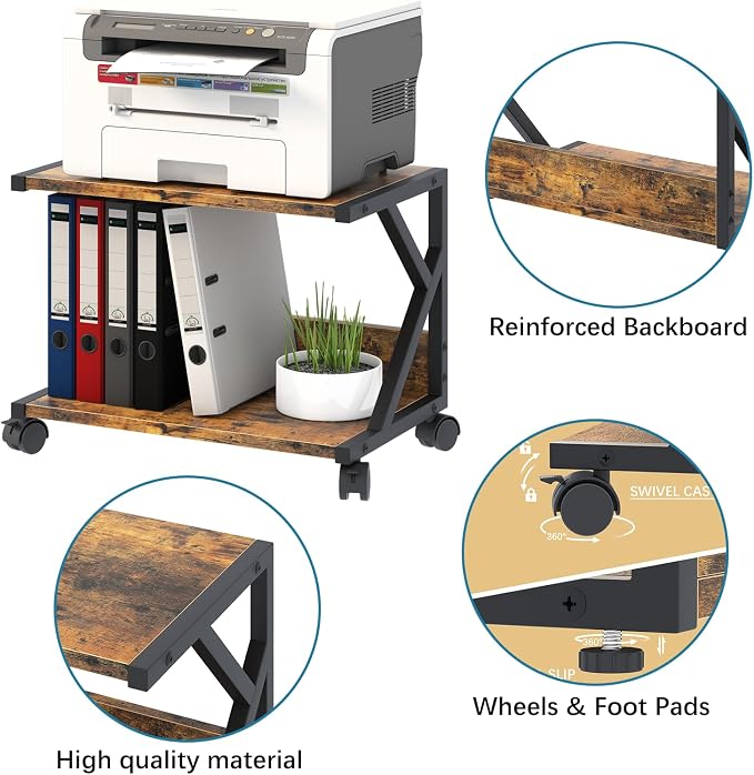 aboxoo Desktop Printer Stand with 2 Tier Wood Storage Shelves,Under Desk Printer Table,Multi-Purpose Home Office Desk Organizer for Fax Machine, Scanner (Rustic Brown)