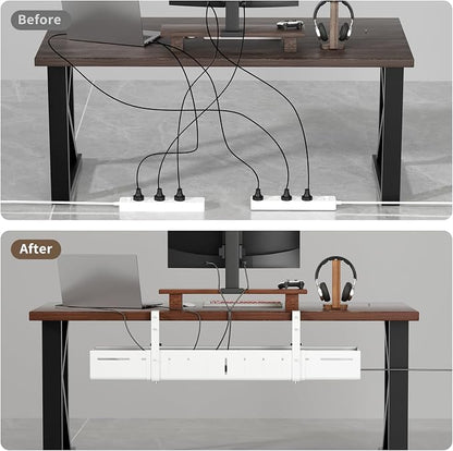 Under Desk Cable Management, Expandable 25.2"–38.6" Cable Management Under Desk No Drill, Heavy Duty Carbon Steel with Clamp, Hidden Cord Organizer for Desk, Home Office Standing Desk White