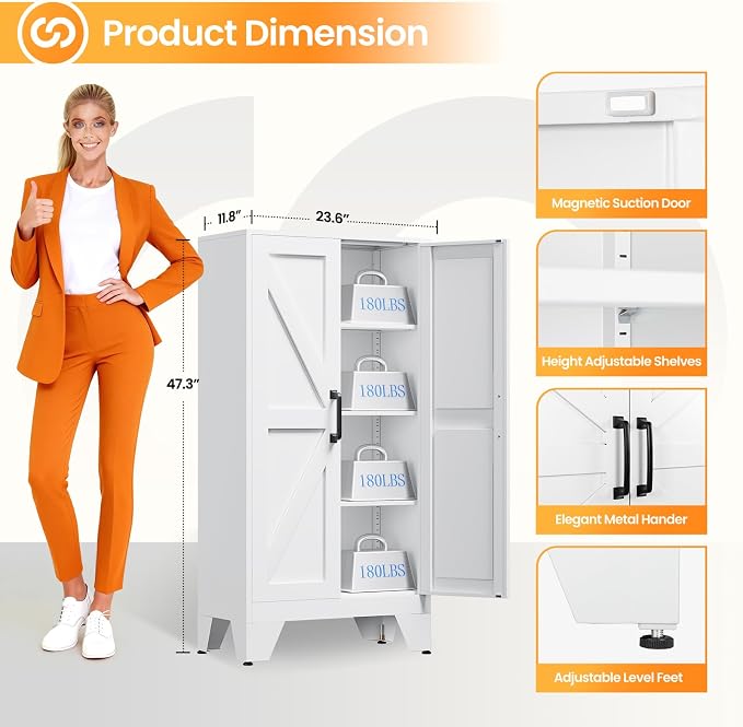 47.3" White Storage Cabinet with 2 Doors and 3 Adjustable Shelves, Metal Tall Kitchen Pantry cabinets, Modern Food Pantry Cabinet,4 Tier Freestanding Framed Panel Door Cupboard for Kitchen Dining Room