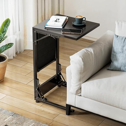 Folding C Shaped End Table, Small Folding Side Table with Storage Bag, Portable TV Tray for Couch, Sofa, Bed, Black