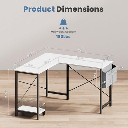DUMOS L Shaped Desk Computer Gaming Corner Table 50 Inch Home Office Writing Student Work PC Workstation with Side Storage Bag CPU Stand for Bedroom Small Spaces