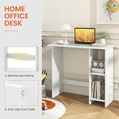 Giantex Small White Desk, Compact Study Writing Desk with 3-Position Adjustable Shelf, Anti-Toppling Kit, Modern PC Laptop Table, Home Office Computer Workstation for Small Space Bedroom Dorm