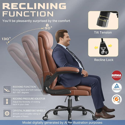 Office Chair-Executive High Back Breathable Big and Tall Office Chair Flip-up Armrests Lumbar Support-Ergonomic Leather Rolling Swivel Chair with Rock Function for Working Studying Gaming,4 Pack