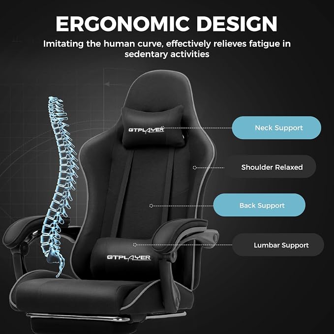 GTPLAYER Gaming Chair, Computer Chair with Footrest and Lumbar Support, Height Adjustable Game Chair with 360°-Swivel Seat and Headrest and for Office or Gaming (Faux Leather, Black)