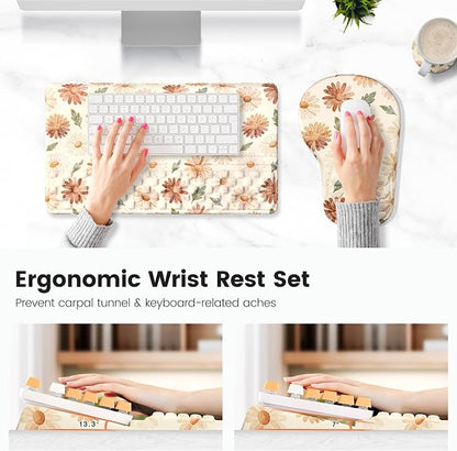 Ospelelf Keyboard Wrist Rest and Mouse Pad Set, Ergonomic Memory Foam Wrist Support, Aesthetic Desk Accessories for Office, Home & Gaming, Relief for Carpal Tunnel & Wrist Pain, Daisy