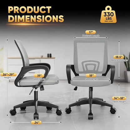 Magshion Ergonomic Office Chair 20 Pack, Mid-Back Mesh Desk Chair, Adjustable Swivel Computer Chair with Lumbar Support & Breathable Backrest for Gaming, Work, Study, 300 Lbs Capacity, Light Gray