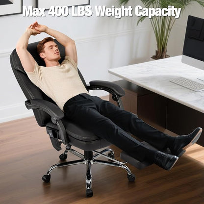 Massage Office Chair with Foot Rest, 6-Point Vibration and Heat Ergonomic Executive Chair, High Back Reclining Leather Desk Chair with 135° Recline, 400 LBS, Cozy