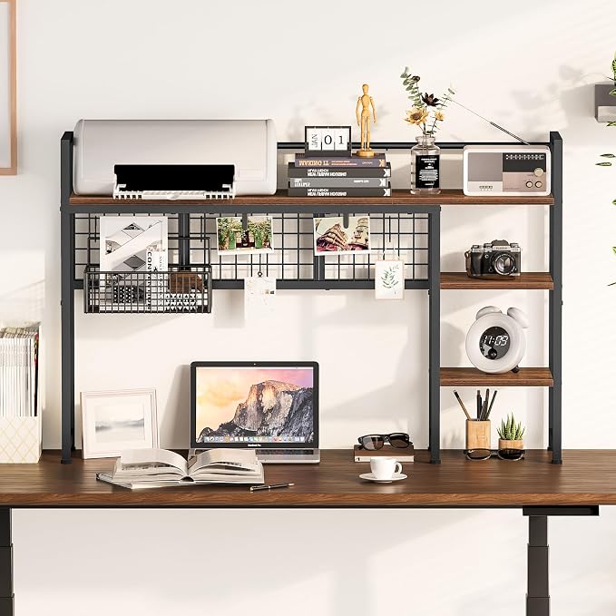 Snughome Desk Shelf, 44.9" Desktop Organizer Shelf, Desk Hutch for Computer Monitor, 4 Tier Desk Display Rack with Pegboard Hooks Set, Wood Desktop Bookshelf for Home Office Dorm