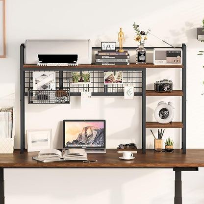 Snughome Desk Shelf, 44.9" Desktop Organizer Shelf, Desk Hutch for Computer Monitor, 4 Tier Desk Display Rack with Pegboard Hooks Set, Wood Desktop Bookshelf for Home Office Dorm
