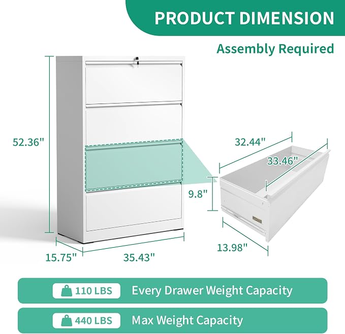 IKIMI 4 Drawer Lateral File Cabinets,White Metal Lateral Filing Cabinet for Home Office,Wide Steel Storage Cabinet Commercial Drawer for Legal/Letter/A4 Size Files