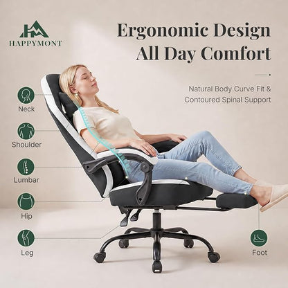 Computer Gaming Chair - High Back Ergonomic Desk Chair with Footrest and Lumbar Support, Height Adjustable Task Chair with Linkage Armrests and Headrest, 360° Swivel Wheels, Black