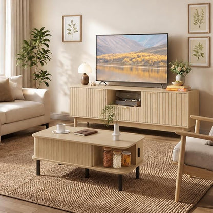 TV Stand and Coffee Table Set of 2, Mid Century Modern Lift Top Coffee Table, TV Console Table Living Room Table Sets for Living Room, Bedroom, Home Office, Oak