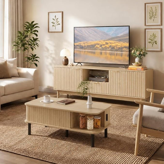 TV Stand and Coffee Table Set of 2, Mid Century Modern Lift Top Coffee Table, TV Console Table Living Room Table Sets for Living Room, Bedroom, Home Office, Oak