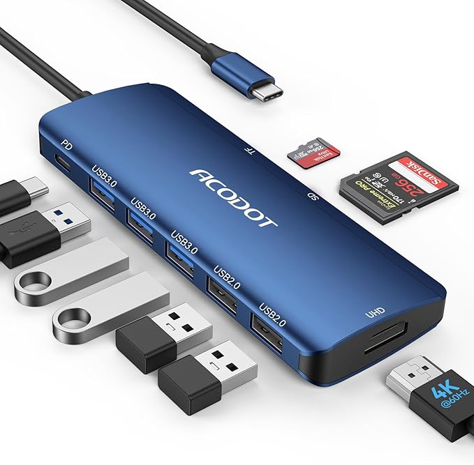 USB C Hub, 9-in-1 Multi-Port USB Adapter, 4K@60Hz HDMI, 100W Max PD, 3 USB3.0(5Gbps) + 2 USB2.0 Data Ports, SD/TF Card Reader for MacBook, iPad Pro, Dell, HP, Lenovo, Windows Laptop, Blue