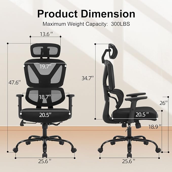 Executive Office Chair, Ergonomic High Back Mesh Desk Chair with Adjustable Height & Armrests, Lumbar Support Swivel Task Chair, 350LBS Executive Computer Chair for Home Office Study Meeting