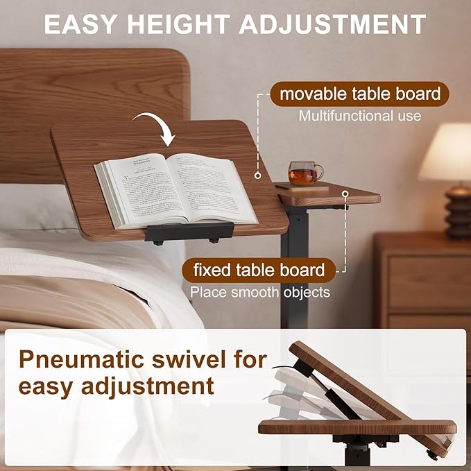 Solid Wood Overbed Bedside Table with Wheels, Tilting Adjustable Hospital Bed Table Over The Bed, Medical Mobile Laptop Stand, Rolling Standing Desk for Hospital and Home Use(Walnut)