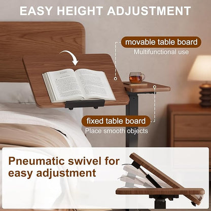 Solid Wood Overbed Bedside Table with Wheels, Tilting Adjustable Hospital Bed Table Over The Bed, Medical Mobile Laptop Stand, Rolling Standing Desk for Hospital and Home Use(Walnut)