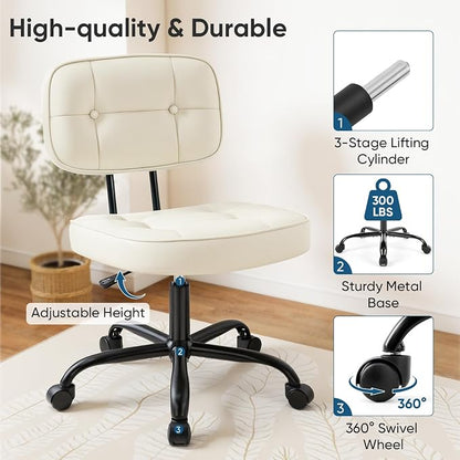 DUMOS Home Office Desk Chair - Ergonomic Armless PU Leather Computer Rolling Task Chair with Comfy Lumbar Support and Height Adjustable, Vanity, Bedroom, Living Room, Ivory White