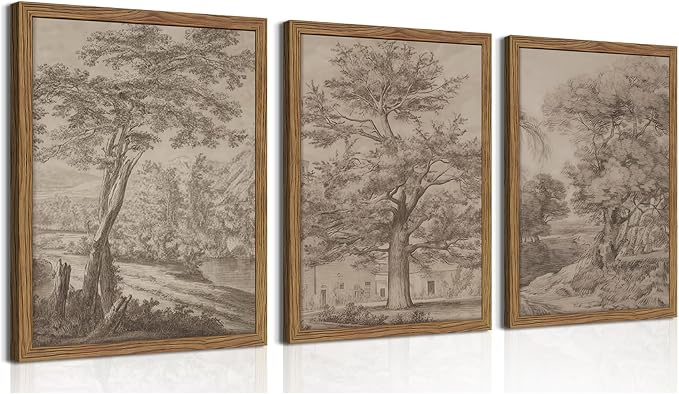 Vintage Landscape Framed Wall Art Set of 3, Neutral Nature Wabi Sabi Canvas Wall Decor Painting, Rustic Retro Botanical Tree Artwork Prints Pictures for Farmhouse Living Room Bedroom 16x24 Inch