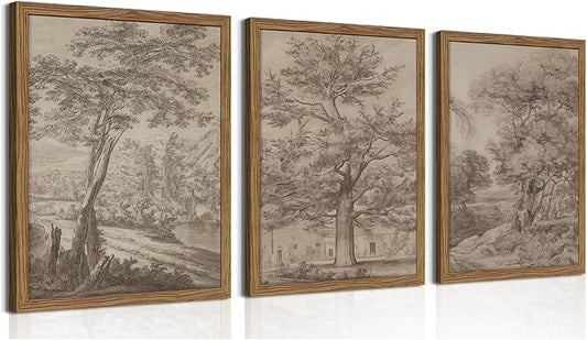 Vintage Landscape Framed Wall Art Set of 3, Neutral Nature Wabi Sabi Canvas Wall Decor Painting, Rustic Retro Botanical Tree Artwork Prints Pictures for Farmhouse Living Room Bedroom 16x24 Inch