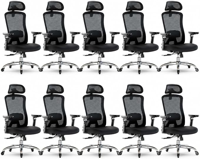 Marsail Ergonomic Office Chair with 6D Armrests, 3D Adjustable Headrest, Slide Seat, Lumbar Support, and 4-Position Tilt Lock – Big and Tall Office Chair with 330 lbs Capacity, Pack of 10