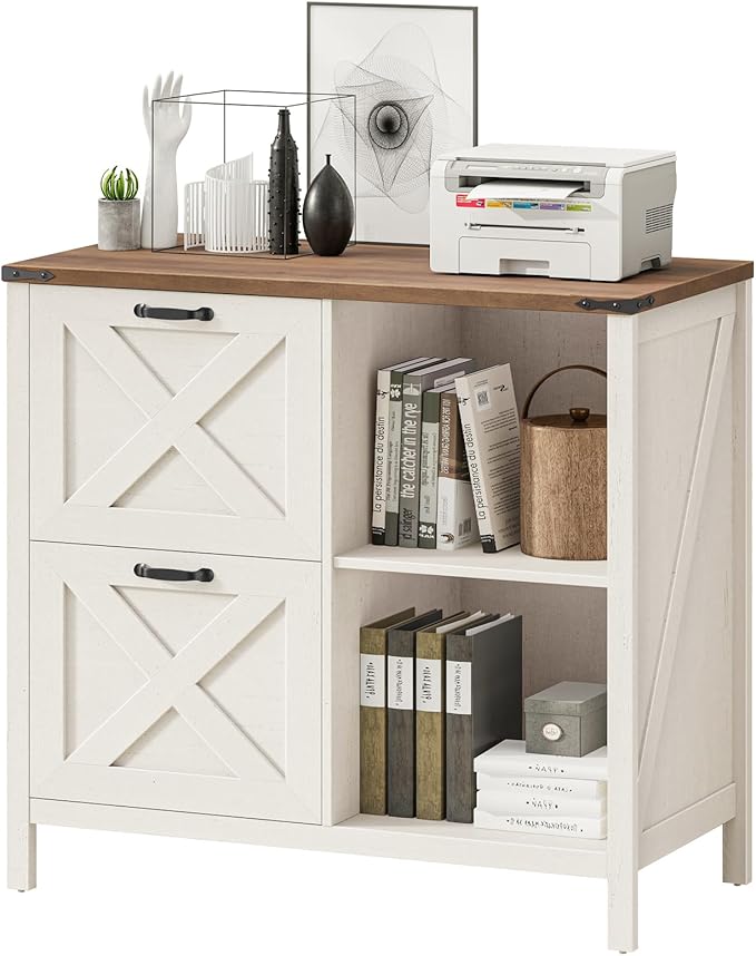 Halitaa 2 Drawer File Cabinet, Farmhouse Lateral Filing Cabinet Fits Files Letter or A4 Size, Wooden Printer Stand with Open Storage Adjustable Shelf for Home Office, Rustic White