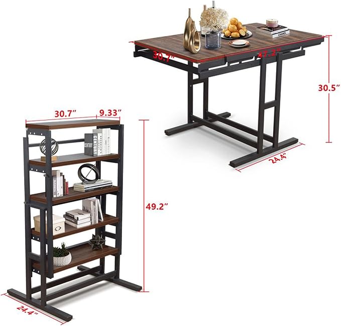 Extendable Dining Table Convertible 2 in 1 Shelf to Table with Metal Frame Industrial and Rustic Style for Small Spaces, Kitchen & Dining Room