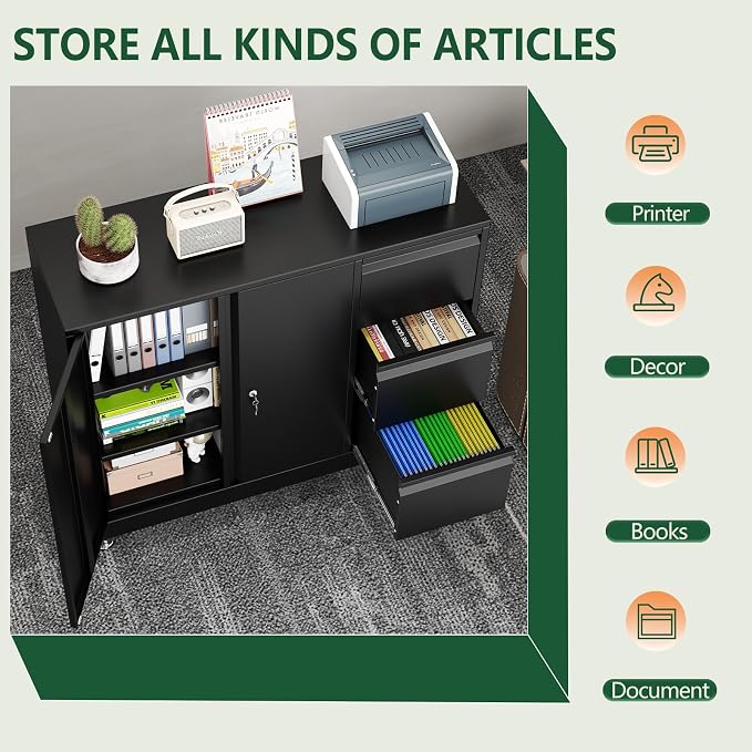 winiowa Mobile 3-Drawer File Cabinet with Wheel, Metal Lateral Rolling Printer Stand Filing Cabinets with Lock, Office Storage Cabinet for Office, Home, Garage, School, Gym-Black